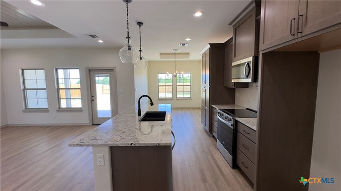 Interior, Kitchen, Pendant Lights, Recessed Lighting, Wood Texture Flooring