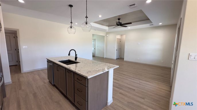 Interior, Kitchen, Pendant Lights, Recessed Lighting, Wood Texture Flooring