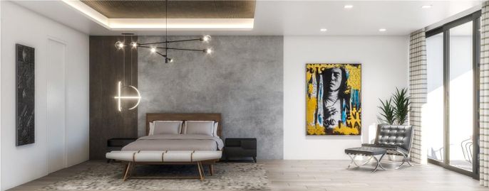Bedroom, Interior, Pendant Lights, Recessed Lighting, Wood Texture Flooring