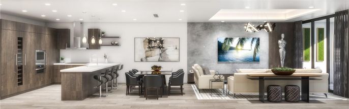 Dining room, Interior, Kitchen, Pendant Lights, Recessed Lighting, Stainless Steel Appliances, Wood Texture Flooring