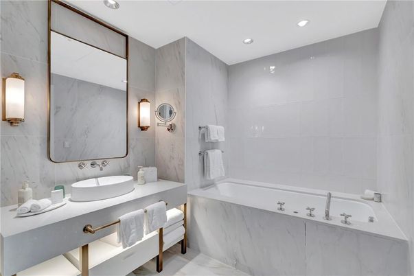 Bathroom, Dual Sink Vanities, Interior, Marble Walls, Recessed Lighting