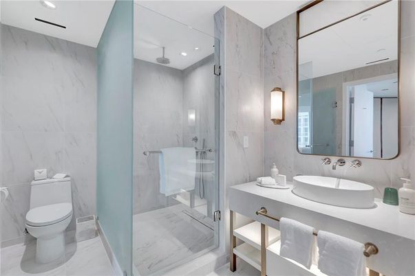Bathroom, Glass Shower, Interior, Marble, Marble Walls, Recessed Lighting