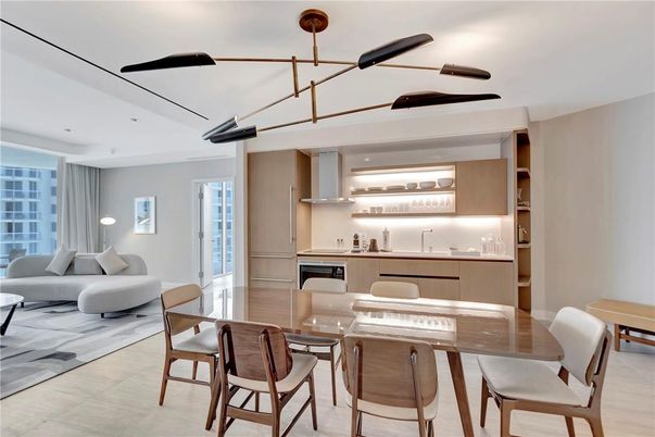 Dining room, Interior, Living room, Pendant Lights, Recessed Lighting, Wood Texture Flooring
