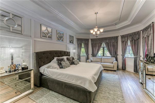 Bedroom, Chandelier, Interior, Wood Texture Flooring