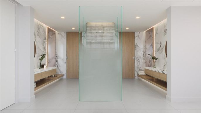 Bathroom, Glass Shower, Interior, Marble Walls, Recessed Lighting
