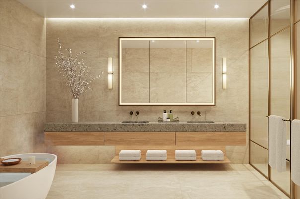 Bathroom, Dual Sink Vanities, Free Standing Baths, Glass Shower, Interior, Recessed Lighting