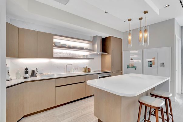 Interior, Kitchen, Pendant Lights, Recessed Lighting, Wood Texture Flooring