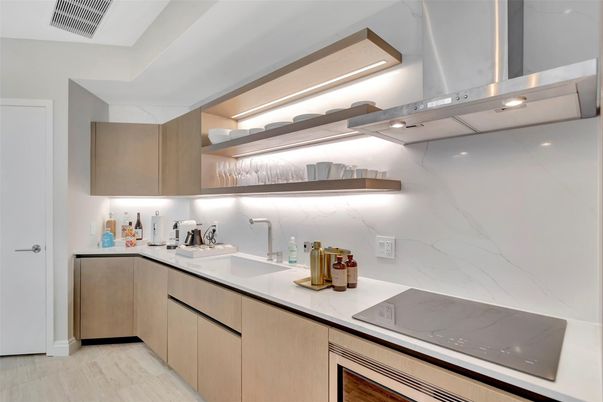Interior, Kitchen, Marble Walls, Wood Texture Flooring
