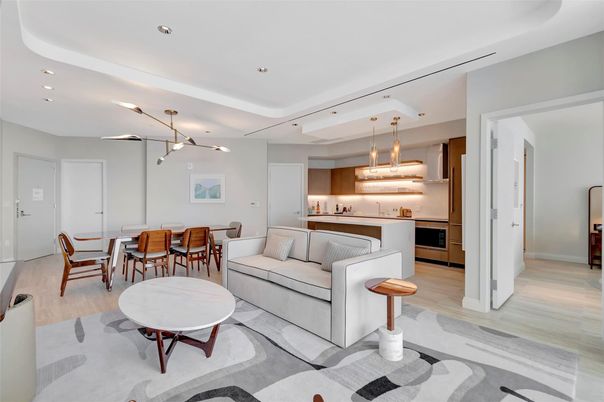 Dining room, Interior, Kitchen, Pendant Lights, Recessed Lighting, Wood Texture Flooring