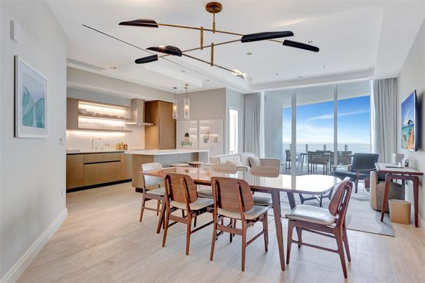 Dining room, Interior, Pendant Lights, Recessed Lighting, Water, Wood Texture Flooring