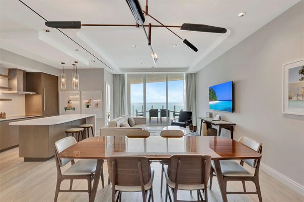 Dining room, Interior, Living room, Pendant Lights, Recessed Lighting, Water, Wood Texture Flooring