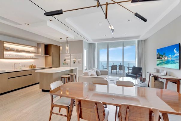 Dining room, Interior, Kitchen, Living room, Pendant Lights, Recessed Lighting, Water, Wood Texture Flooring
