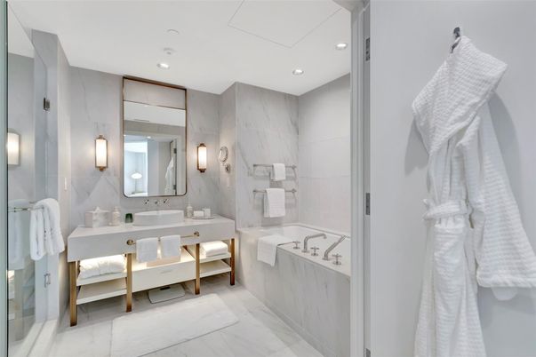 Bathroom, Dual Sink Vanities, Interior, Marble, Marble Walls, Recessed Lighting