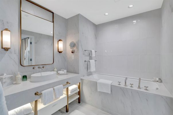 Bathroom, Interior, Marble Walls, Recessed Lighting