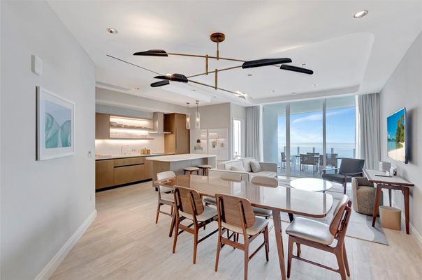 Dining room, Interior, Pendant Lights, Recessed Lighting, Water, Wood Texture Flooring