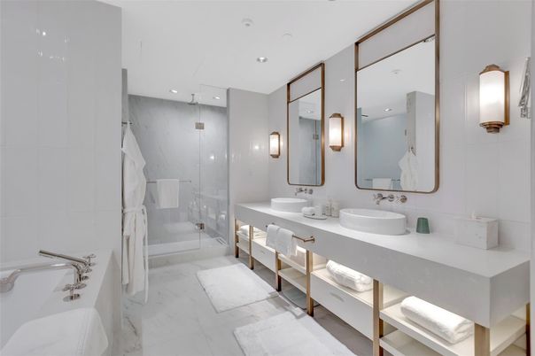 Bathroom, Dual Sink Vanities, Glass Shower, Interior, Marble, Recessed Lighting