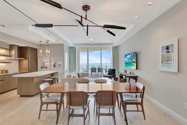 Dining room, Interior, Kitchen, Pendant Lights, Recessed Lighting, Water, Wood Texture Flooring