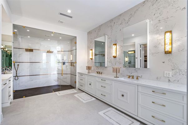 Bathroom, Dual Sink Vanities, Glass Shower, Interior, Marble Walls, Recessed Lighting