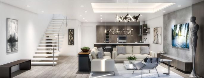 Interior, Living room, Pendant Lights, Recessed Lighting, Wood Texture Flooring