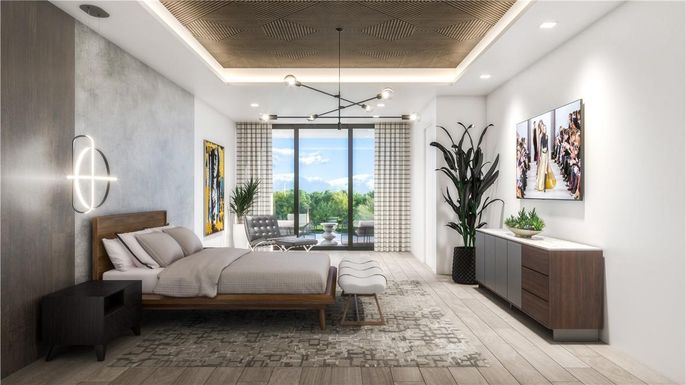 Bedroom, Interior, Pendant Lights, Recessed Lighting, Wood Texture Flooring