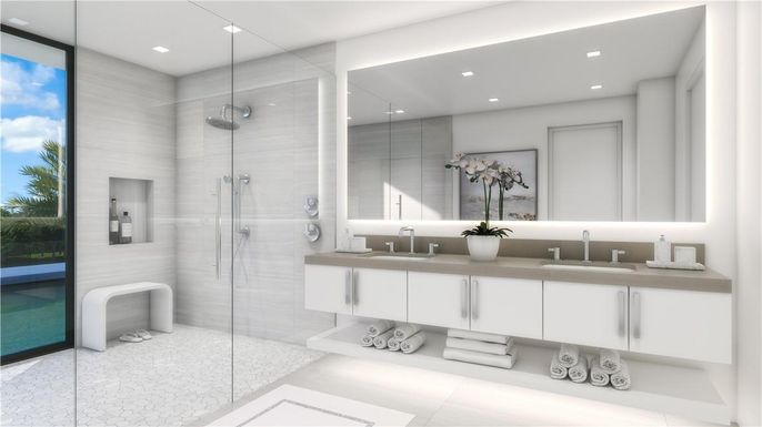 Bathroom, Dual Sink Vanities, Glass Shower, Interior, Recessed Lighting
