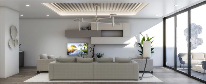 Interior, Living room, Pendant Lights, Recessed Lighting, Wood Texture Flooring
