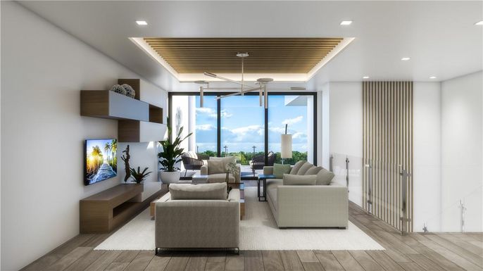 Interior, Living room, Pendant Lights, Recessed Lighting, Water, Wooden Ceilings, Wood Texture Flooring