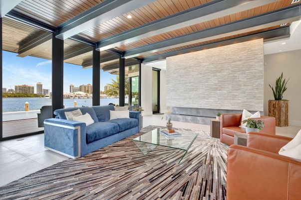 Interior, Living room, Recessed Lighting, Water, Wooden Ceilings