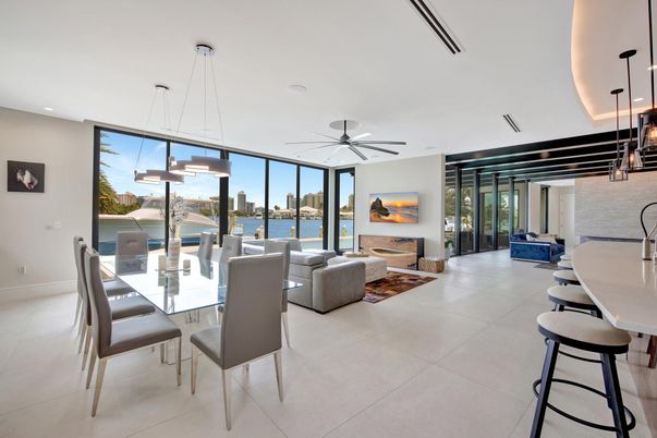 Dining room, Fireplace, Interior, Living room, Pendant Lights, Recessed Lighting, Water