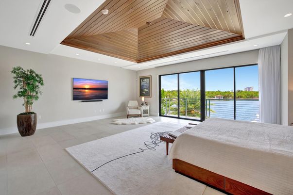 Bedroom, Interior, Recessed Lighting, Water, Wooden Ceilings