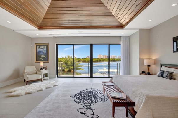 Bedroom, Interior, Recessed Lighting, Water, Wooden Ceilings