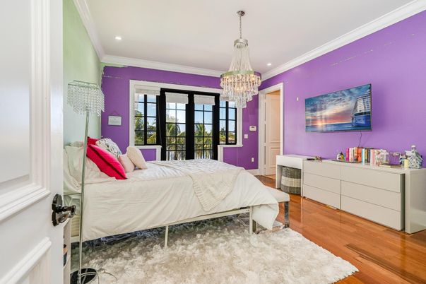 Bedroom, Chandelier, Interior, Recessed Lighting, Wood Texture Flooring