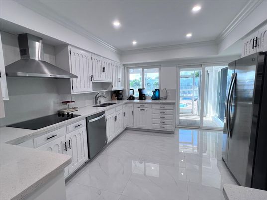 Interior, Kitchen, Marble, Recessed Lighting, Stainless Steel Appliances