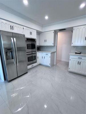 Interior, Kitchen, Marble, Recessed Lighting, Stainless Steel Appliances