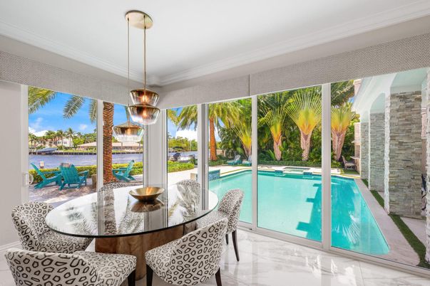 Dining room, Interior, Marble, Pendant Lights, Pool, Water