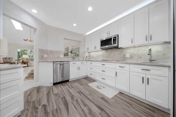 Interior, Kitchen, Recessed Lighting, Stainless Steel Appliances, Wood Texture Flooring