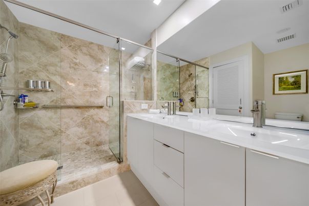 Bathroom, Dual Sink Vanities, Glass Shower, Interior, Recessed Lighting
