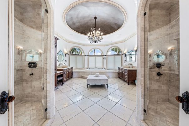 Bathroom, Chandelier, Glass Shower, Interior, Recessed Lighting