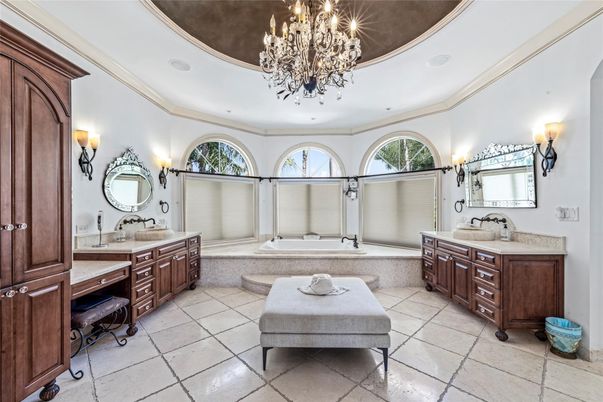 Bathroom, Chandelier, Dual Sink Vanities, Interior, Recessed Lighting