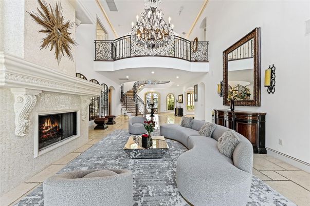 Chandelier, Fireplace, Interior, Living room, Recessed Lighting