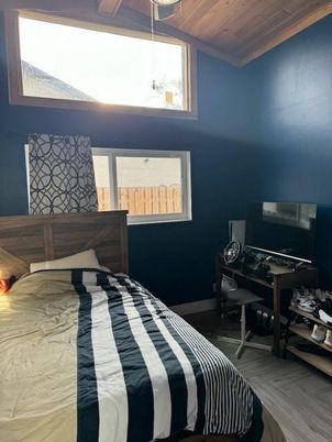 Bedroom, Interior, Pendant Lights, Wooden Ceilings, Wood Texture Flooring