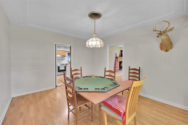 Dining room, Game Room, Interior, Pendant Lights, Wood Texture Flooring