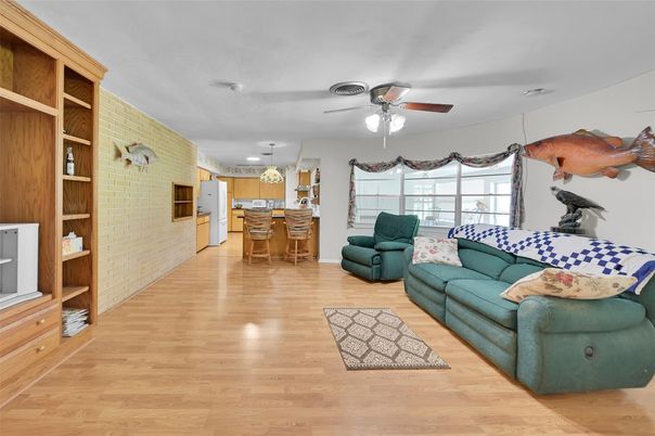 Interior, Kitchen, Living room, Pendant Lights, Stone Walls, Wood Texture Flooring