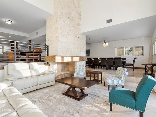Dining room, Interior, Living room, Pendant Lights, Recessed Lighting, Stone Walls