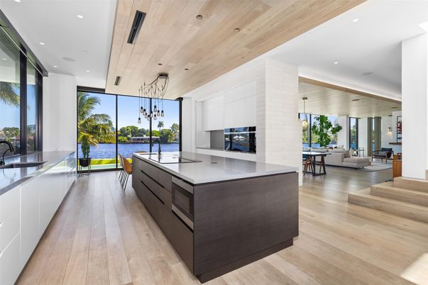 Interior, Kitchen, Living room, Pendant Lights, Recessed Lighting, Water, Wooden Ceilings, Wood Texture Flooring