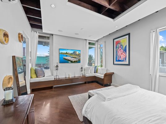 Bedroom, Interior, Recessed Lighting, Water, Wooden Beams, Wooden Ceilings, Wood Texture Flooring
