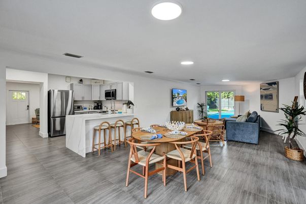 Dining room, Interior, Kitchen, Living room, Recessed Lighting, Stainless Steel Appliances