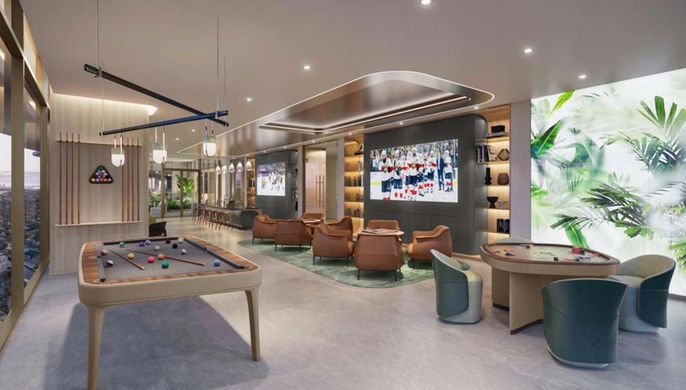 Billiard Table, Game Room, Interior, Living room, Pendant Lights, Recessed Lighting