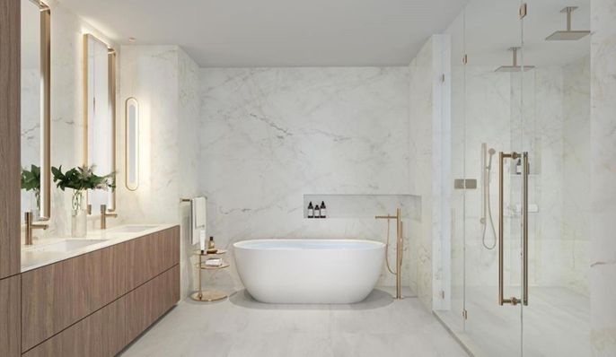 Bathroom, Dual Sink Vanities, Free Standing Baths, Glass Shower, Interior, Marble Walls