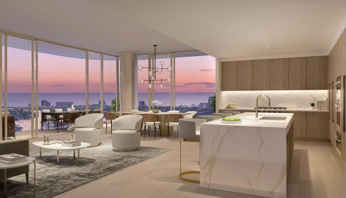 Dining room, Interior, Kitchen, Pendant Lights, Recessed Lighting, Water, Wood Texture Flooring